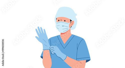 A vector illustration of a medical professional wearing a surgical mask, cap, and blue scrubs while carefully putting on protective gloves.