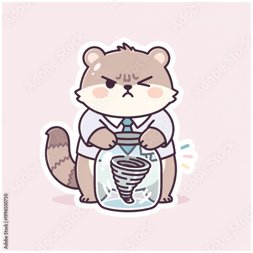 Cute cartoon squirrel holding a jar with a tornado inside.