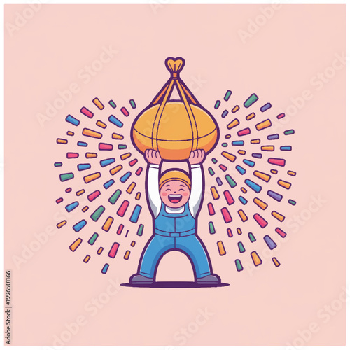 Happy cartoon man lifting heavy punching bag above head.