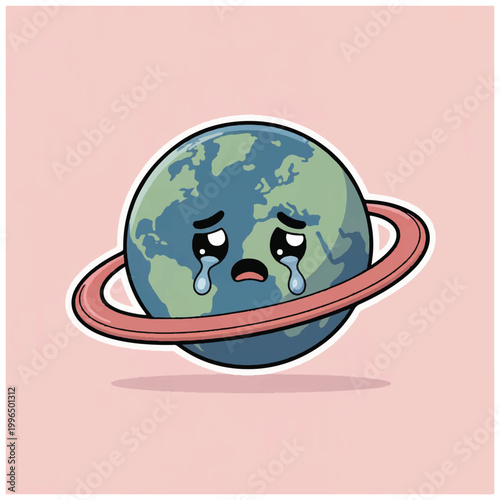 Sad Earth Planet Crying Cartoon Illustration.