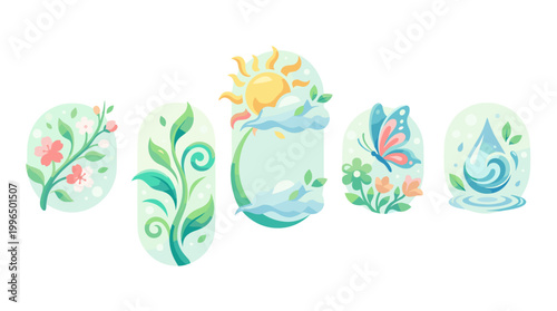 Eco friendly icons with flowers, leaves, butterfly, sun, and water drop