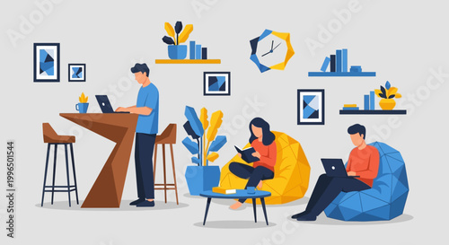 People working and relaxing in a modern co-working space.