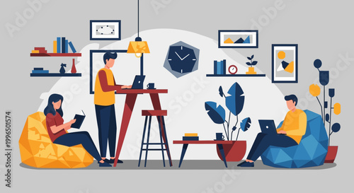 People working and relaxing in a modern co-working space.
