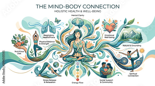 The mindbody connection holistic health and wellness concept with woman surrounded by symbols