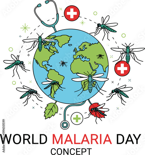 World Malaria Day Concept, Vector Illustration Featuring Mosquitoes, Health Symbols, and Earth Globe