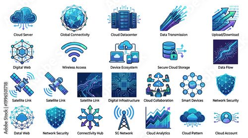 Collection of blue cloud computing and network security icons