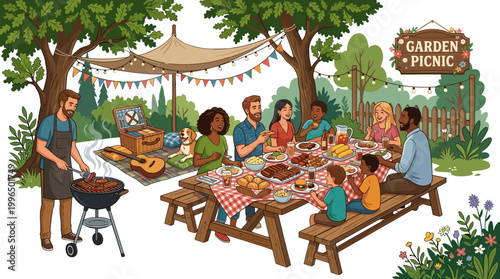 Group of people having a garden picnic with food and drinks on a table