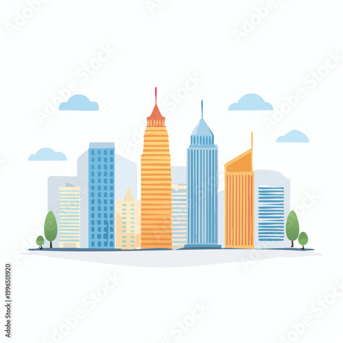 Modern Urban Metropolis Landscape Illustration Featuring Diverse Architectural Skyscrapers and Cloudy Sky