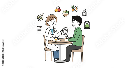 A female nutritionist in a white coat provides health and dietary advice to a male patient while sitting at a table with floating food icons.