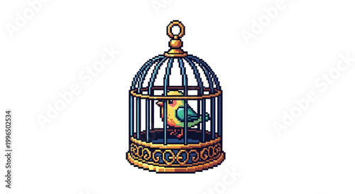 A colorful bird sits inside an ornate vintage birdcage.
