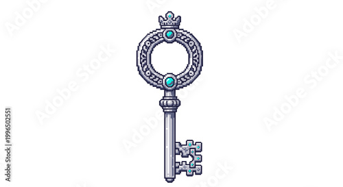 Antique Ornate Skeleton Key with Gemstones and Crown Detail.