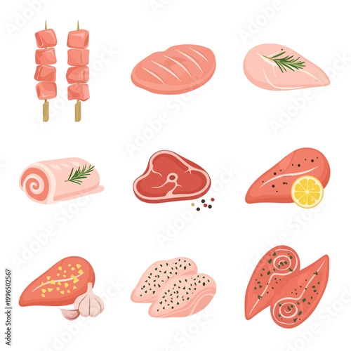 Assortment of Raw Meat Cuts and Preparations