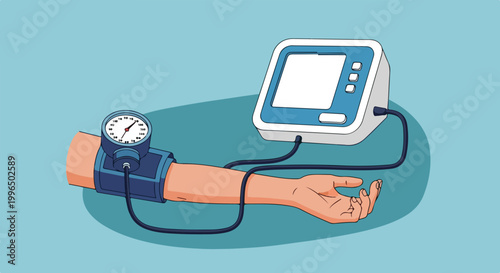 This vector illustration shows a blood pressure monitor attached to a person's arm, depicting a standard medical procedure for health tracking.