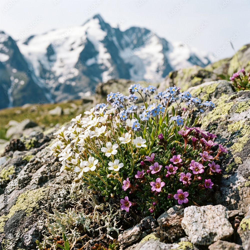 Obraz premium Alpine Wildflowers Close Up on Rocky Meadow Beneath Snow Capped Peaks in Serene Mountain Spring