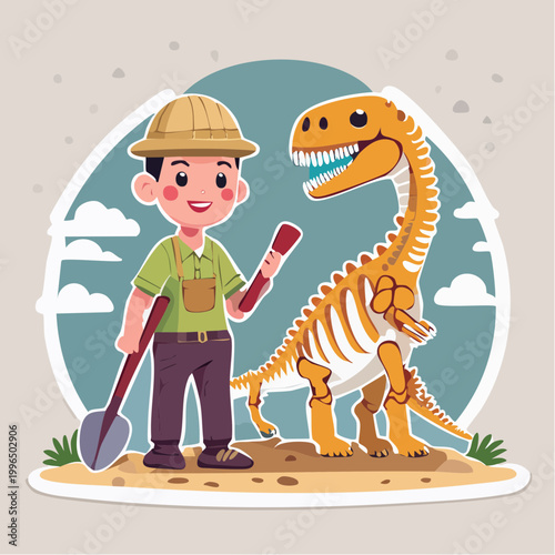 Paleontologist Kid and Dinosaur Skeleton