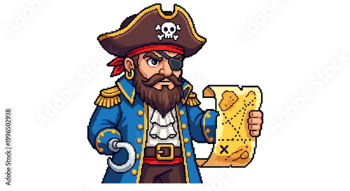 Cartoon Pirate Holding Treasure Map with Hook Hand.