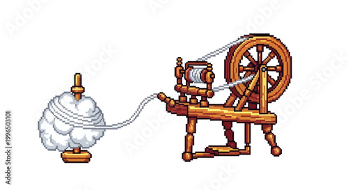 Antique wooden spinning wheel with cotton.