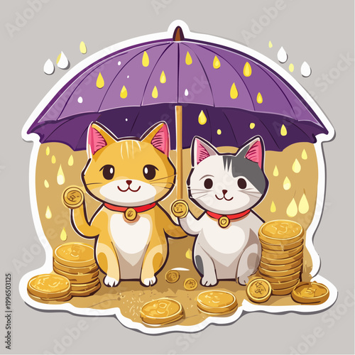 Cute Cats Under Umbrella with Coins