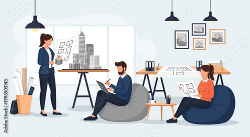 Architects collaborating on a building model in a modern office space.