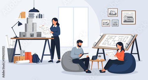 Architects collaborating on a project in a modern office space.