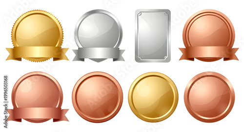 award medal set, gold silver bronze medals, winner badges, ranking icons, first place award, second place award, third place award, achievement seals, prize badges, quality certification, champion med
