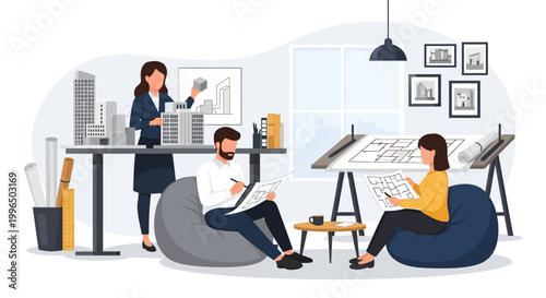 Architects collaborating on building design project in modern office.