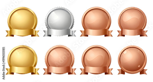 award medal set, gold silver bronze medals, winner badges, ranking icons, first place award, second place award, third place award, achievement seals, prize badges, quality certification, champion med