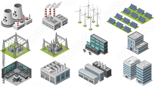 Isometric Energy Infrastructure Collection Featuring Nuclear Power Plants Wind Turbines Solar Panels Electrical Substations And Modern Industrial Control Room Facilities Vector Set