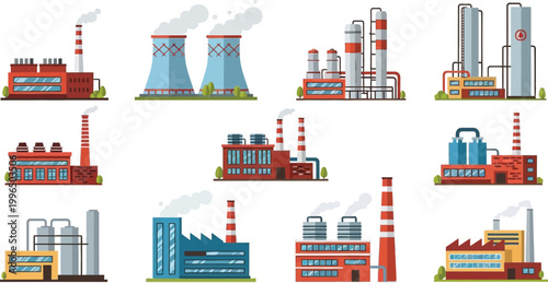 Set of Flat Vector Industrial Factory Buildings with Smoking Chimneys and Cooling Towers for Manufacturing and Energy Production Concept Design Elements