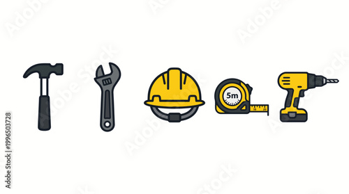 Construction tools and builder equipment vector icon set featuring hammer, adjustable wrench, yellow safety hard hat, measuring tape, and electric power drill.