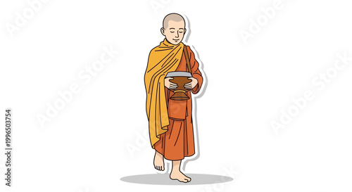 Buddhist monk walking with alms bowl, saffron robe, serene, peaceful, meditation, spiritual journey
