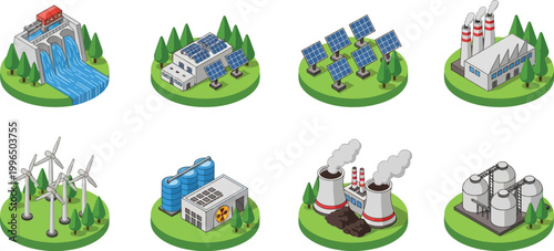 Set of Isometric Renewable and Non-Renewable Energy Power Plant Icons Featuring Solar Panels Wind Turbines Hydroelectric Dams and Industrial Factory Facilities