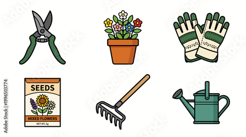 Gardening and horticulture tools vector icon collection including pruning shears, potted flowers, safety gloves, flower seeds packet, rake, and watering can.