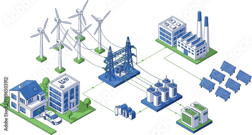 Isometric Vector Illustration of Renewable Energy Infrastructure Featuring Wind Turbines Solar Panels Power Grid Distribution and Sustainable Smart City Residential Buildings