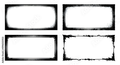 grunge frame set, black rectangle frames, distressed borders, rough edge frames, vintage grunge texture, dirty border design, worn frame elements, abstract grunge shapes, rectangular border set, desig