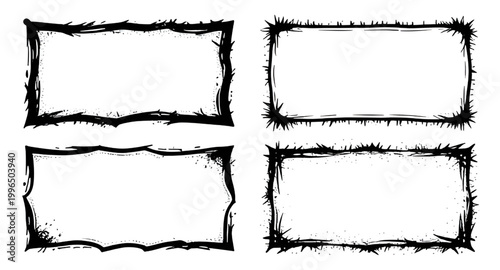 grunge frame set, black rectangle frames, distressed borders, rough edge frames, vintage grunge texture, dirty border design, worn frame elements, abstract grunge shapes, rectangular border set, desig