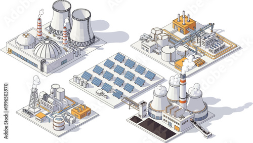 Isometric Vector Illustration Set Featuring Various Industrial Power Plants Including Nuclear Solar Coal And Chemical Energy Facilities On White Background