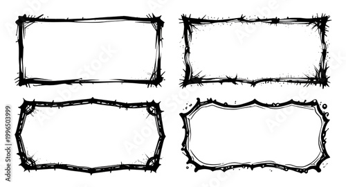 grunge frame set, black rectangle frames, distressed borders, rough edge frames, vintage grunge texture, dirty border design, worn frame elements, abstract grunge shapes, rectangular border set, desig