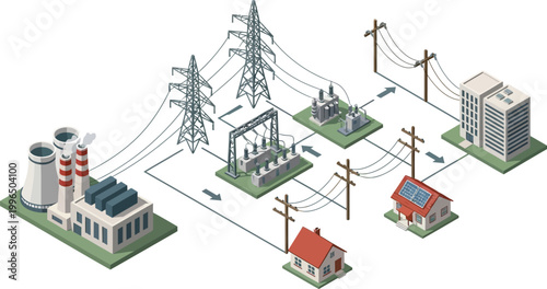 Isometric Vector Illustration of Electrical Power Grid Infrastructure Showing Generation Transmission and Distribution to Residential and Commercial Buildings