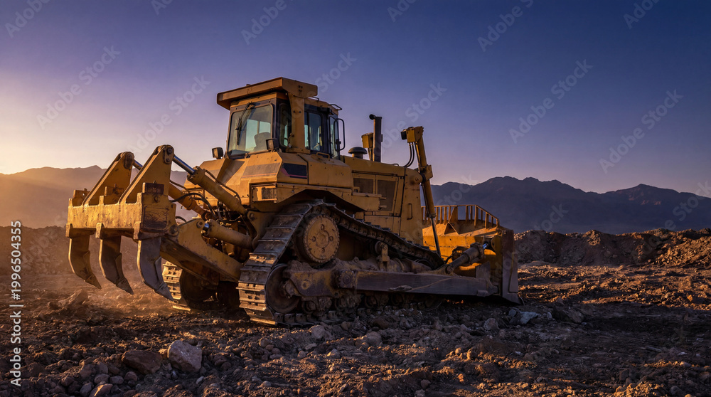 Obraz premium Heavy Duty Dozer With Ripper Attachment Glows at Twilight With Bold Earthmoving Capability and Style