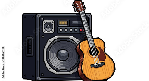 Acoustic Guitar Leaning Against a Large Speaker.