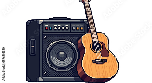 Acoustic Guitar Leaning Against a Vintage Amplifier.