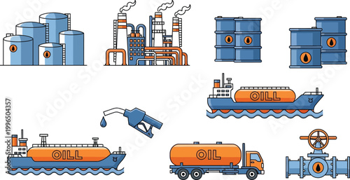 Set of Flat Vector Icons Representing Oil Industry Infrastructure Including Refineries Tankers Pipelines Storage Tanks and Fuel Transportation Logistics Elements