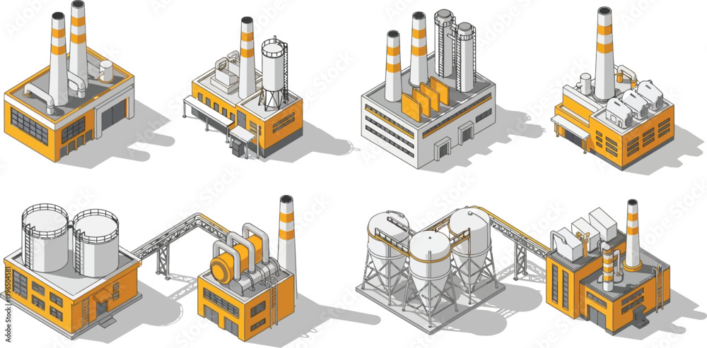 Fototapeta premium Set of Isometric Industrial Factory Buildings and Manufacturing Plants with Storage Silos and Pipelines for Urban Planning and Game Design