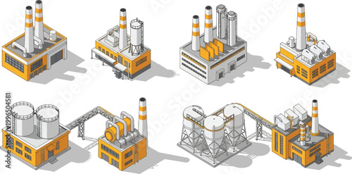 Set of Isometric Industrial Factory Buildings and Manufacturing Plants with Storage Silos and Pipelines for Urban Planning and Game Design