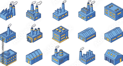 Set of Isometric Industrial Factory and Warehouse Building Icons in Flat Blue Style for Urban Planning and Manufacturing Business Infographic Design Elements