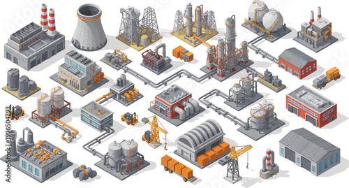 Isometric Industrial Factory Complex Set Featuring Various Manufacturing Buildings Storage Tanks Pipelines And Construction Equipment For Game Design And Infographics