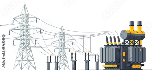 High Voltage Electrical Power Transmission Infrastructure Featuring Steel Lattice Towers and Industrial Transformer Station Vector Illustration for Energy Industry Concepts
