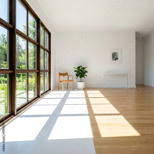 Wooden chair sits near green plant plus white console table inside sunny room.