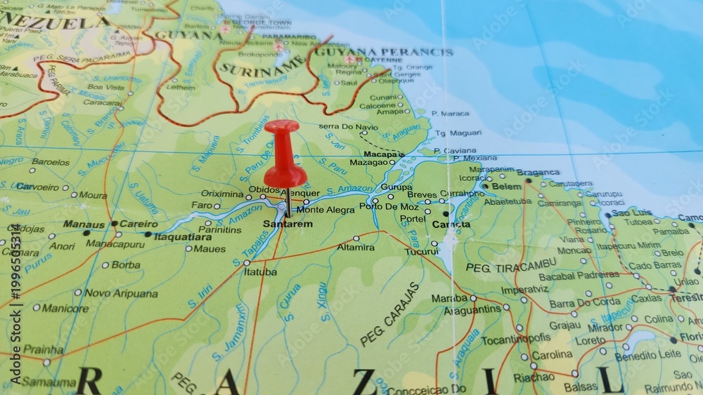 Naklejka premium View of Santarem, is a municipality in the western part of the state of Para in Brazil, on a geographical map of America, marked with red push pin